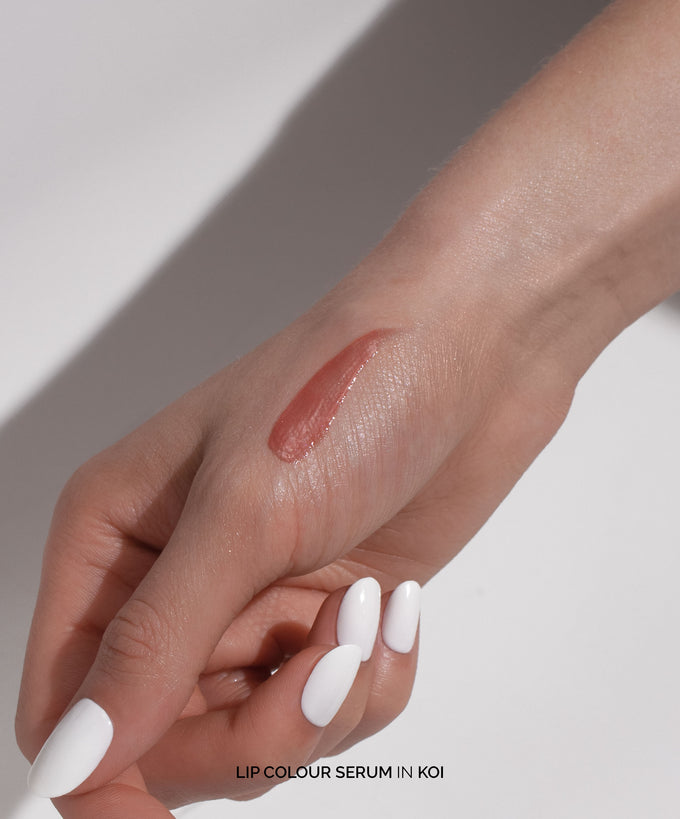 Fitglow Beauty-Lip Color Serum-Makeup-    LipColourSerum_handswatch_koi_02_DTC-The Detox Market | Koi - Peach Spice Nude
