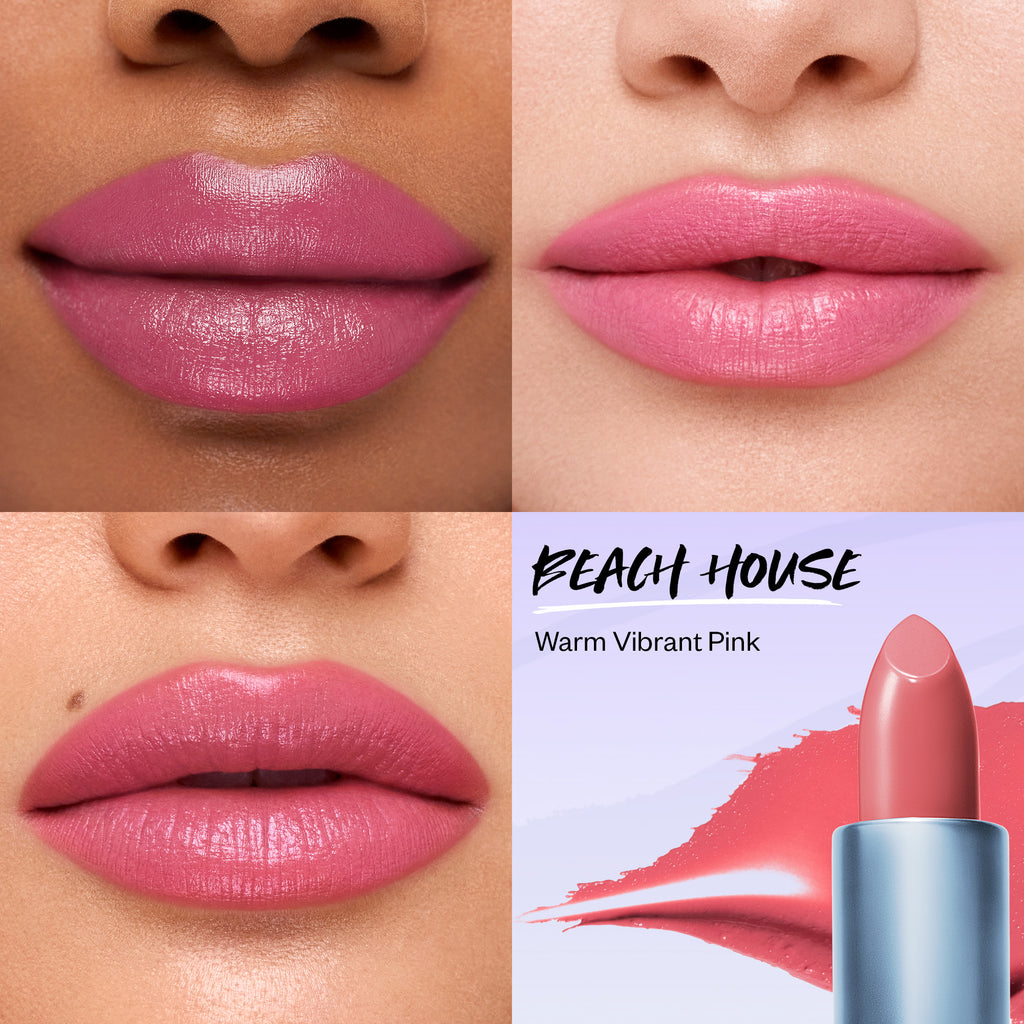 Weightless Lip Color Nourishing Satin Lipstick - Makeup - Kosas - PDP-Weightless-Beach-House-skintone - The Detox Market | Beach House - warm vibrant pink
