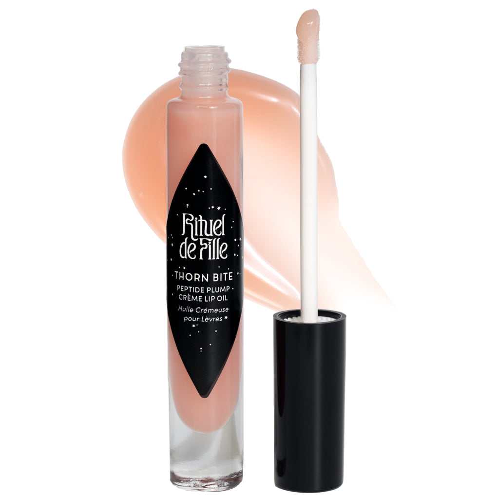 Rituel de Fille-Thorn Bite Peptide Plump Creme Lip Oil-Makeup-BITE-01RoseDew1wswatchnoshadow1-1-The Detox Market | Rose Dew
