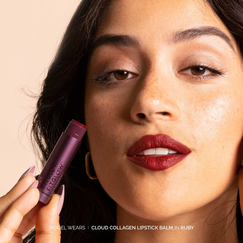 Fitglow Beauty-Cloud Collagen Lipstick + Cheek Matte Balm-Makeup-CloudCollagenLipstickBalm_model01_RUBY_B2B-The Detox Market | Ruby - soft matte red