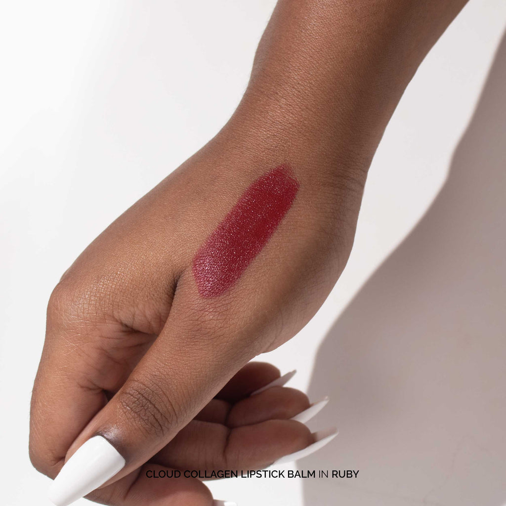 Fitglow Beauty-Cloud Collagen Lipstick + Cheek Matte Balm-Makeup-CloudCollagenLipstickBalm_ruby_handswatch_02_B2B-The Detox Market | Ruby - soft matte red