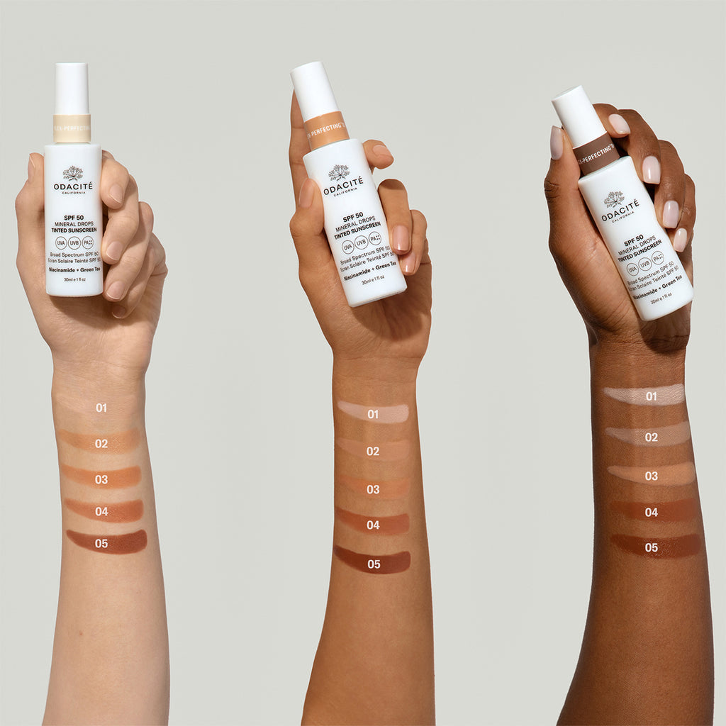 Odacite-Spf 50 Flex-Perfecting™ Mineral Drops Tinted Sunscreen-Sun Care-SPF50Tinted_arm_swatches-The Detox Market | 