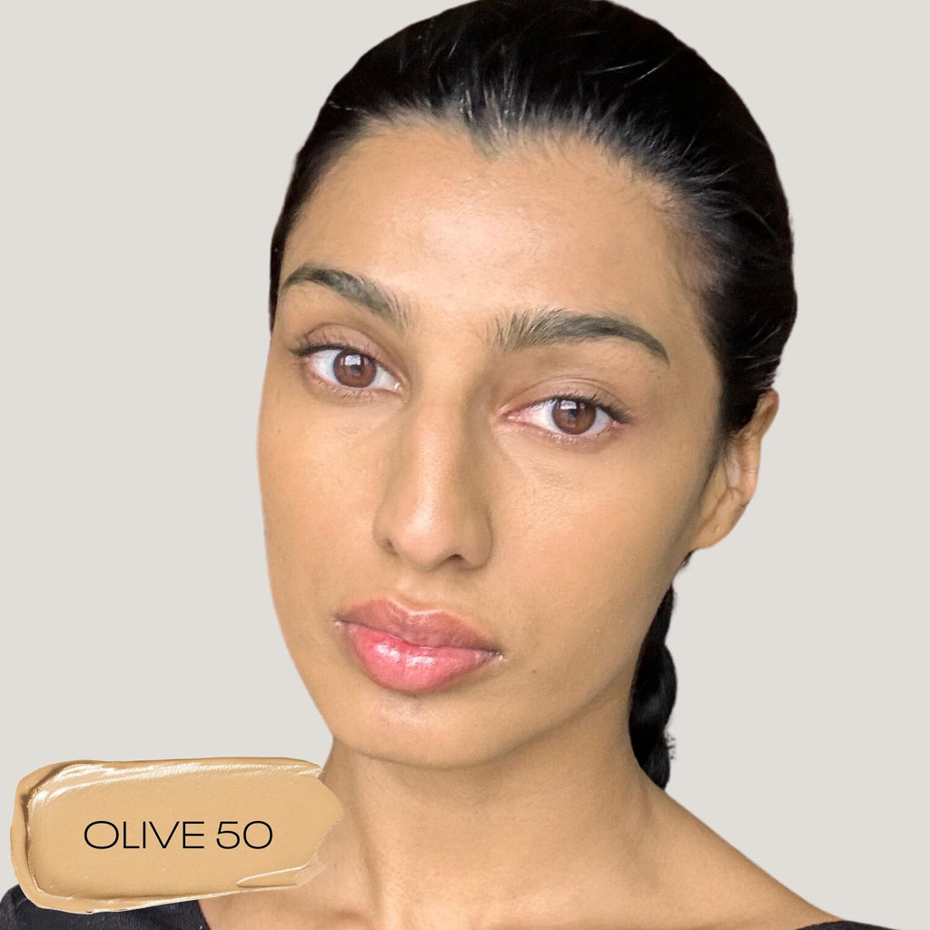 Blurring Ceramide Cream Foundation - Makeup - MOB Beauty - 03_PDP_MOBBEAUTY_BCCF_OLIVE50_LIFESTYLE - The Detox Market | OLIVE 50 medium with olive undertones