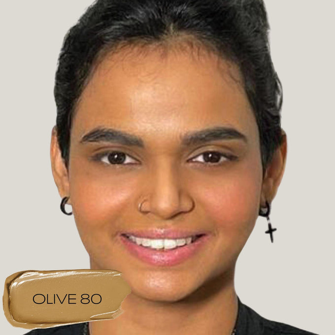 Blurring Ceramide Cream Foundation - Makeup - MOB Beauty - 03_PDP_MOBBEAUTY_BCCF_OLIVE80_LIFESTYLE - The Detox Market | OLIVE 80 medium brown with olive undertones