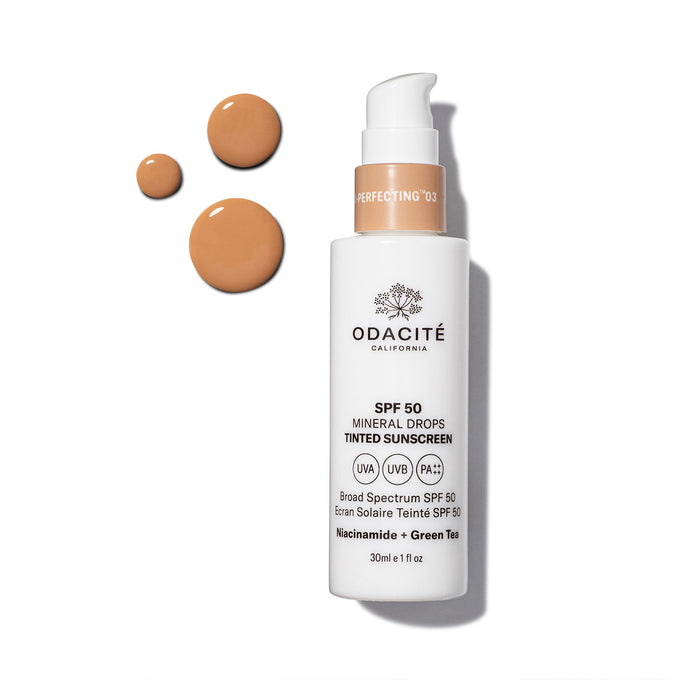 Odacite-Spf 50 Flex-Perfecting™ Mineral Drops Tinted Sunscreen-Sun Care-SPF50Tinted_03_POW_bottle_texture-The Detox Market | 03 - medium with warm undertones